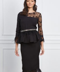 Rochie MBG neagra cu dantela si pene