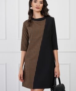 Rochie MBG neagra cu imprimeu pepit maro pe o parte