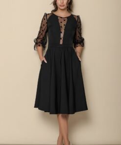 Rochie MBG neagra cu maneci din tull cu buline catifelate