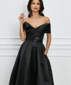 Rochie MBG neagra cu umeri goi si paiete pe bust