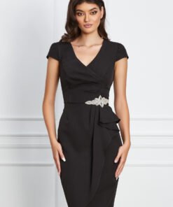 Rochie MBG neagra cu volanas si accesoriu stralucitor in talie