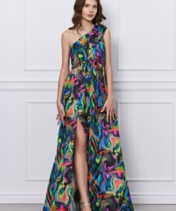 Rochie MBG neagra lunga din satin pe un umar cu imprimeu multicolor
