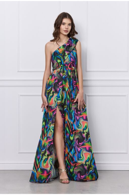 Rochie MBG neagra lunga din satin pe un umar cu imprimeu multicolor