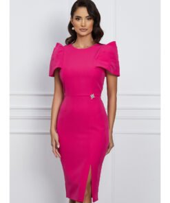 Rochie MBG rosu zmeura cu pliuri pe maneci si umeri bufanti