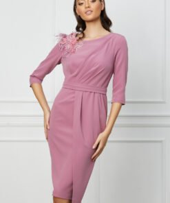 Rochie MBG roz cu aplicatie florala maxi pe umar