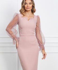 Rochie MBG roz cu buline catifelate pe maneci
