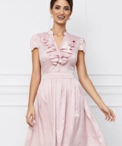 Rochie MBG roz cu buline si volane la decolteu