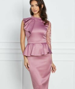 Rochie MBG roz cu o maneca din dantela si peplum in talie