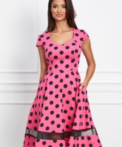 Rochie MBG roz neon cu buline negre si banda semitransparenta la baza