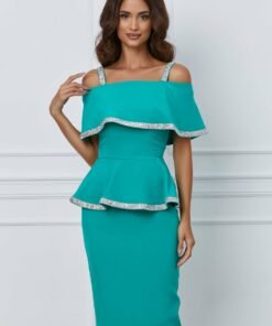 Rochie MBG turcoaz cu strasuri si peplum