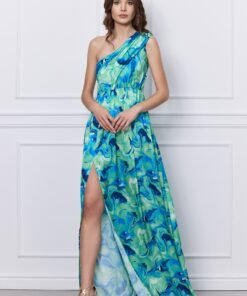 Rochie MBG turcoaz lunga din satin pe un umar cu imprimeu