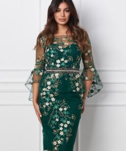 Rochie MBG verde cu broderie florala bej