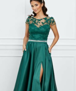 Rochie MBG verde cu dantela la bust si crepeu maxi