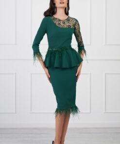 Rochie MBG verde cu dantela si pene