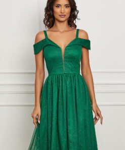 Rochie MBG verde cu glitter si umeri goi