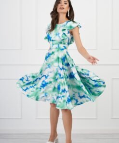 Rochie MBG verde cu imprimeu tie-dye albastru si vonale pe bust