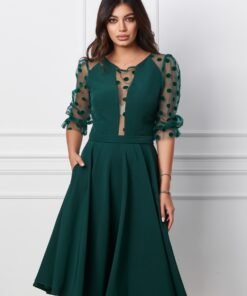Rochie MBG verde cu maneci din tull cu buline catifelate