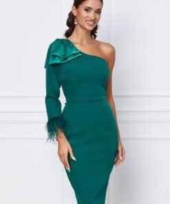 Rochie MBG verde cu o maneca si funda maxi pe umar