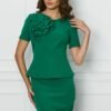Rochie MBG verde cu peplum in talie si floale pe bust