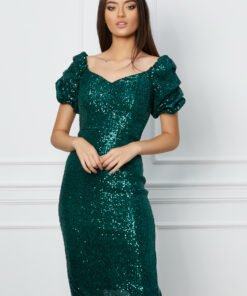 Rochie MBG verde din paiete cu maneci scurte bufante