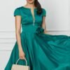 Rochie MBG verde din satin cu trandafir in talie