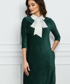 Rochie MBG verde din velur cu funda din satin
