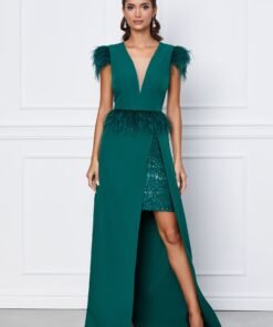 Rochie MBG verde lunga cu pene si paiete