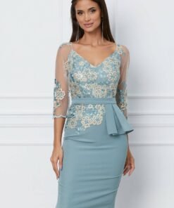 Rochie MBG verde mint cu broderie la bust si peplum in talie