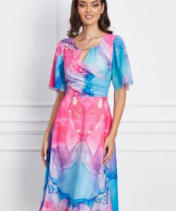 Rochie Mikaela roz cu imprimeu bleu