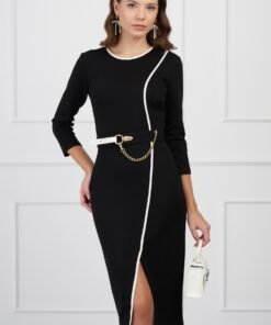 Rochie Mikky neagra cu dunga alba si curea in talie