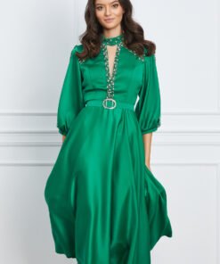 Rochie Mirabela verde cu strasuri si tull la bust