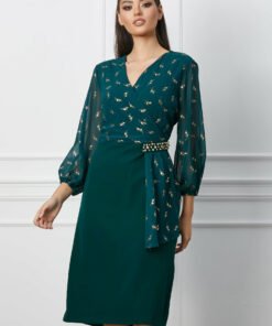 Rochie Mirela verde cu imprimeuri aurii