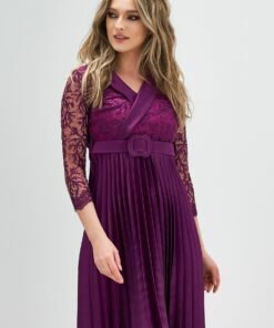 Rochie Miriam magenta cu broderie si fusta plisata din satin