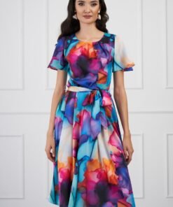 Rochie Miruna cu imprimeu multicolor watercolor si cordon in talie