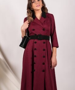 Rochie Miruna tip sacou rosie cu carouri negre si curea in talie