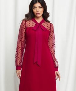 Rochie Moze bordo cu maneci din tull cu buline catifelate