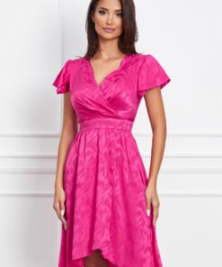 Rochie Moze fucsia din satin cu imprimeu discret si crepeu