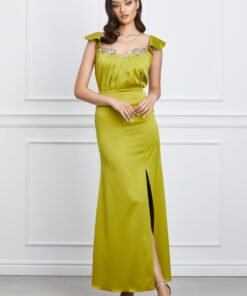 Rochie Moze lunga lime cu broderie la bust
