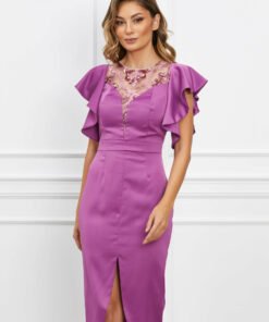 Rochie Moze mov din satin cu dantela la bust