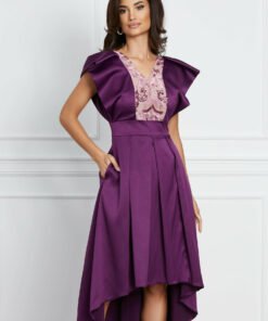 Rochie Moze mov din tafta cu broderie roz la bust