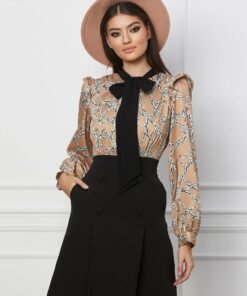 Rochie Moze neagra cu bust bej si imprimeu