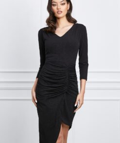Rochie Moze neagra cu glitter si fronseu pe fusta