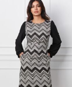 Rochie Moze neagra cu imprimeu in zigzag si insertii din lurex argintiu