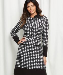 Rochie Moze neagra cu imprimeu pepit alb si nasturi la bust