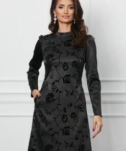 Rochie Moze neagra cu insertii florale din catifea