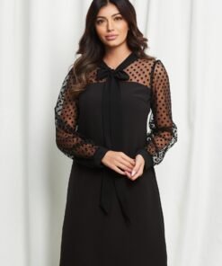 Rochie Moze neagra cu maneci din tull cu buline catifelate