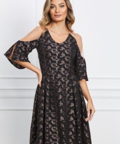 Rochie Moze neagra din brocard cu tull la umeri
