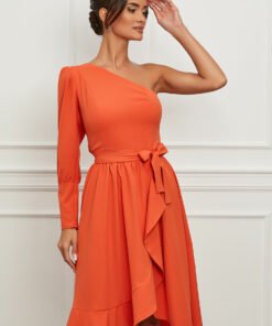 Rochie Moze orange cu umarul gol si volan pe fusta