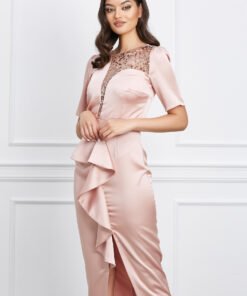 Rochie Moze roz cu paiete la bust si volan pe fusta