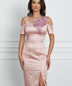 Rochie Moze roz cu tulle si broderie la bust